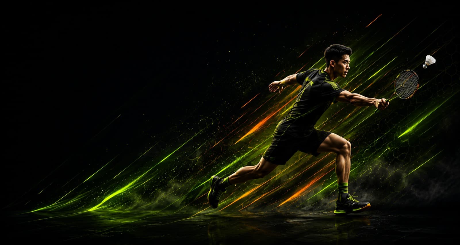 Badminton player smashing a shuttlecock in a burst of green and orange motion streaks