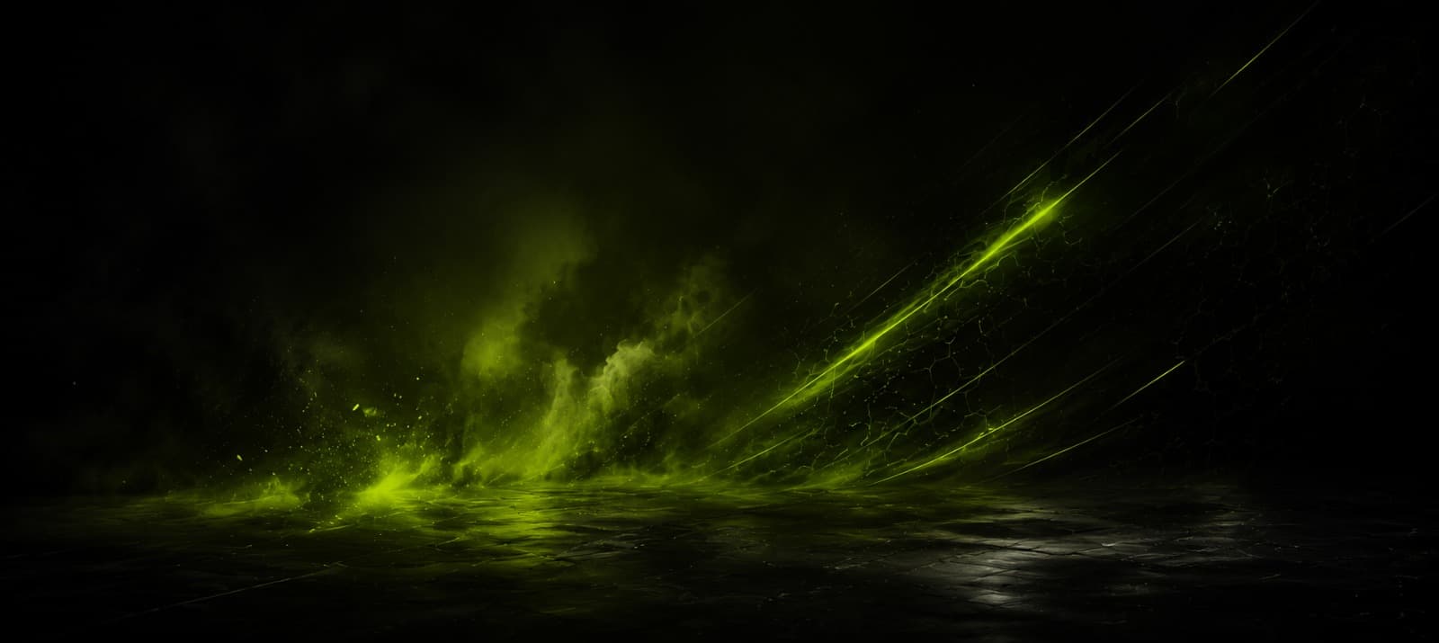 Abstract green smoke and light streaks on a dark court background